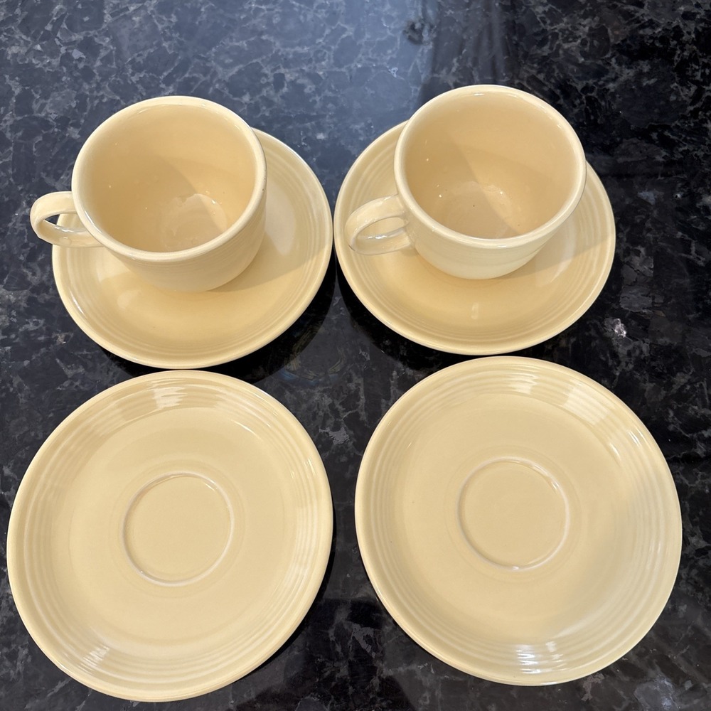 Vintage FiestaWare Pastel Yellow 4 Saucers 2 Teacups Homer Laughlin Coffee Core